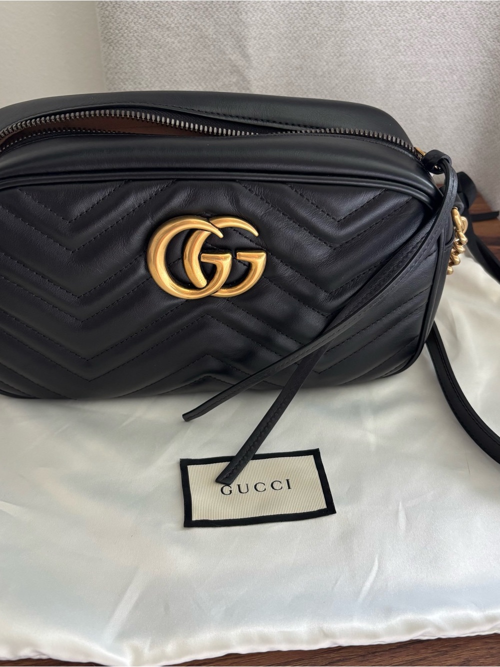 Gucci Black Leather GG Marmont Chevron Crossbody with Gold Hardware